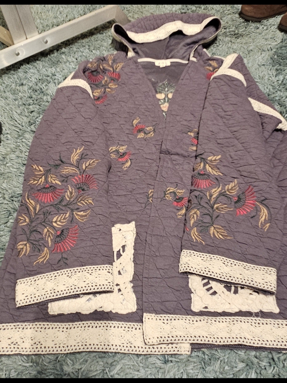 POL Quilted Embroidered Hooded Jacket in Dusty Gray with Cream Trim